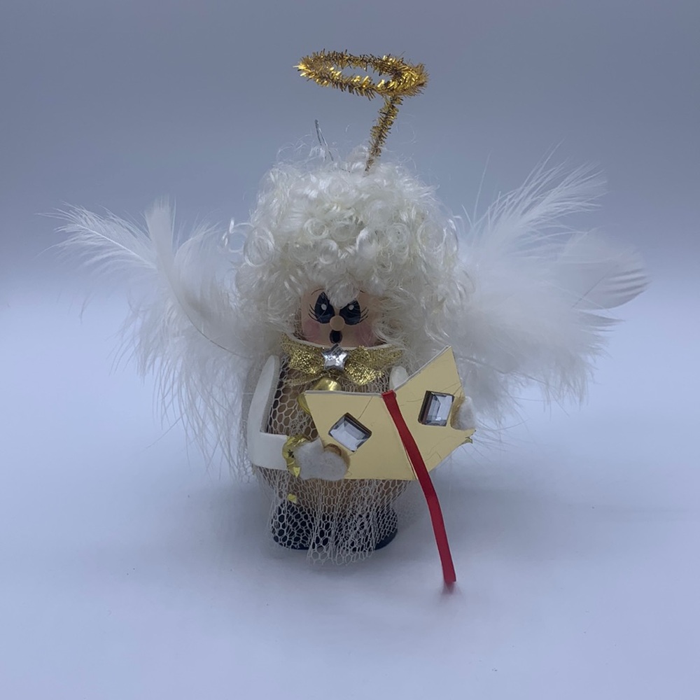 Kitschy Caroler Angle Feather Wings Handpainted Christmas Tree Ornament